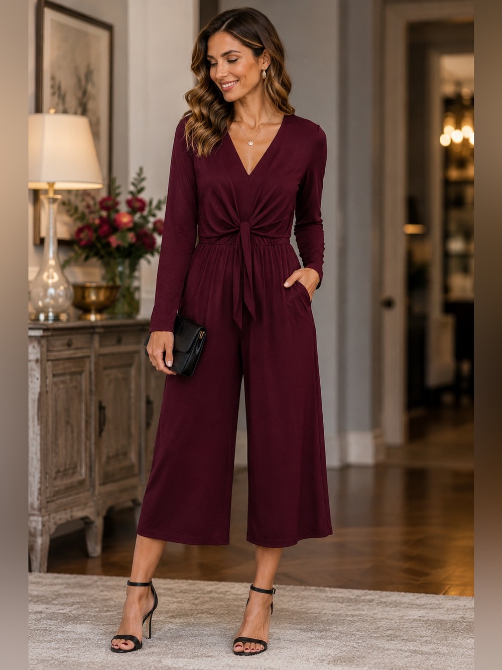 Burgundy Twist Front Wide Leg Jumpsuit with Pockets | Size Large